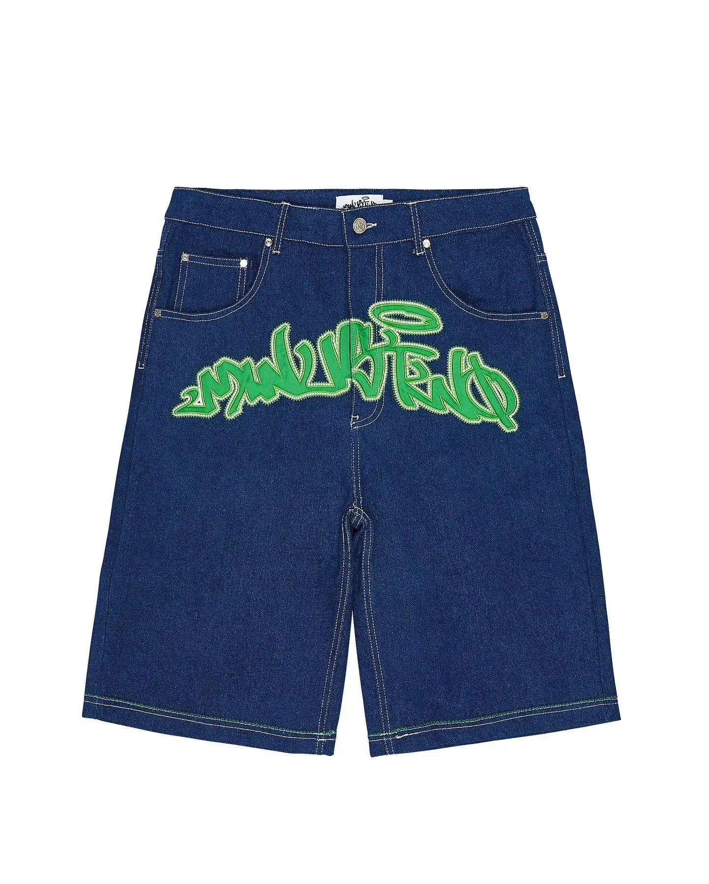 Blue denim graffiti shorts with vibrant green text, perfect for Y2K clothing men