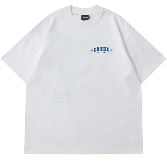 White Graffiti T Shirt in cotton material featuring small blue CHOISE text on chest