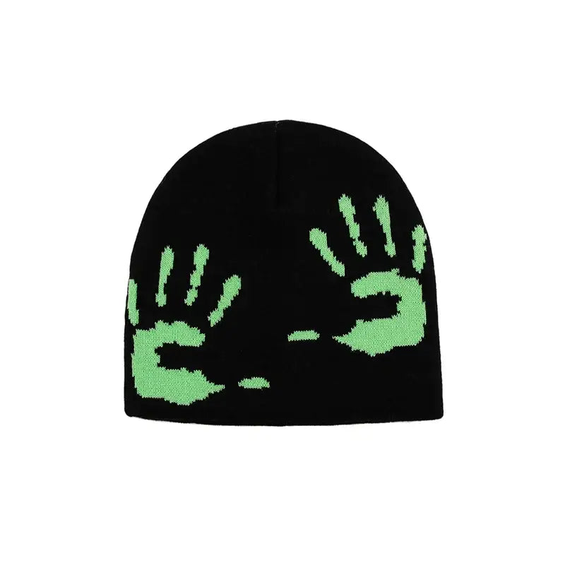 Black knit graphic beanie featuring glowing green handprint designs to stay warm