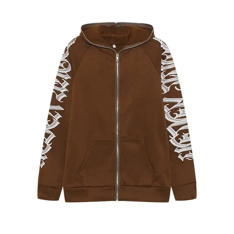 Brown Graphic Hoodie Y2K with white graffiti-style text on the sleeves