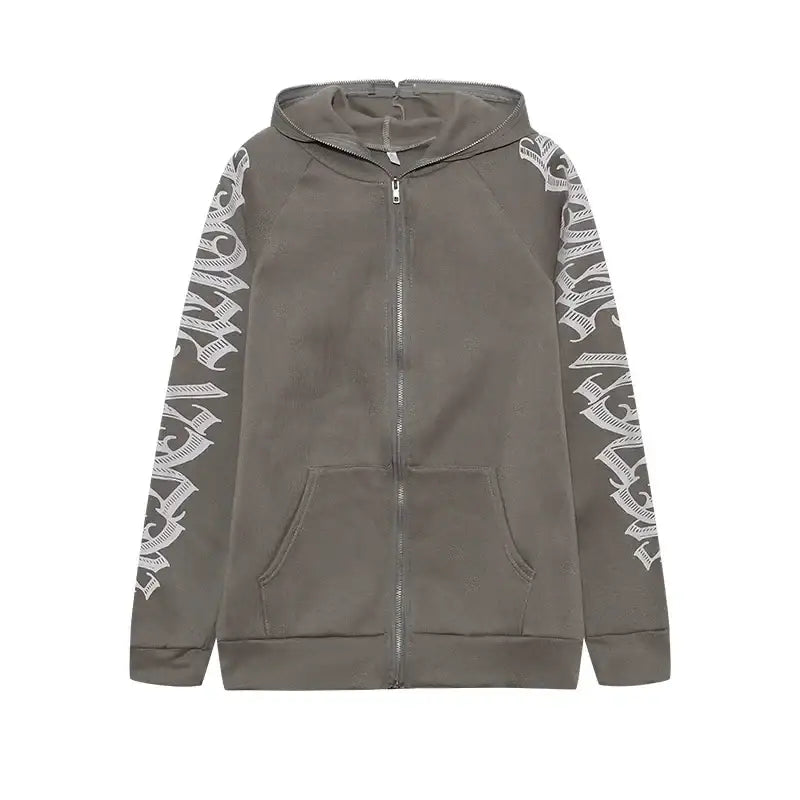 Gray Graphic Hoodie Y2K with patterned sleeves and a front pocket