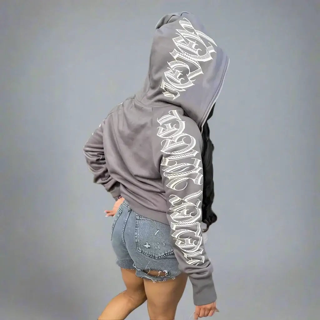 Gray Graphic Hoodie Y2K with white script lettering worn with denim shorts