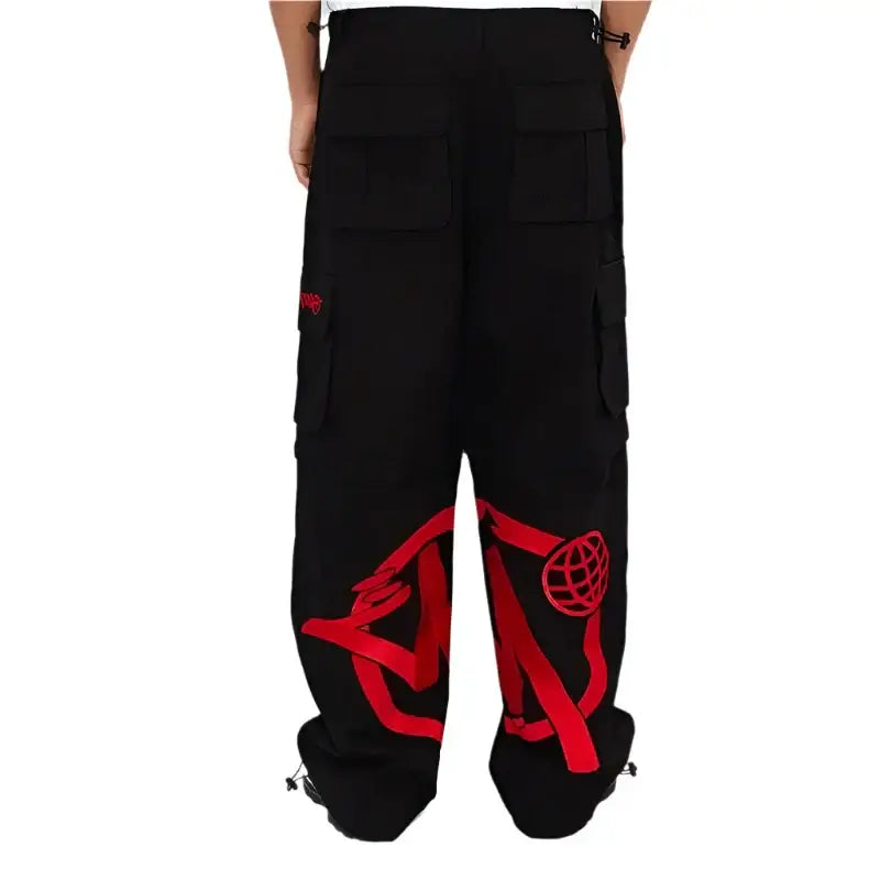 Black graphic pants with red designs, perfect for women’s Y2K clothing styles