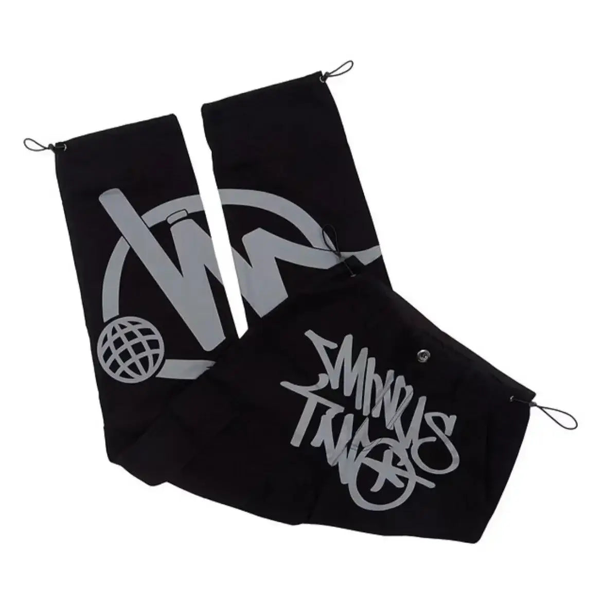 Black golf towels featuring gray and white logo designs for Graphic Pants and Y2K style