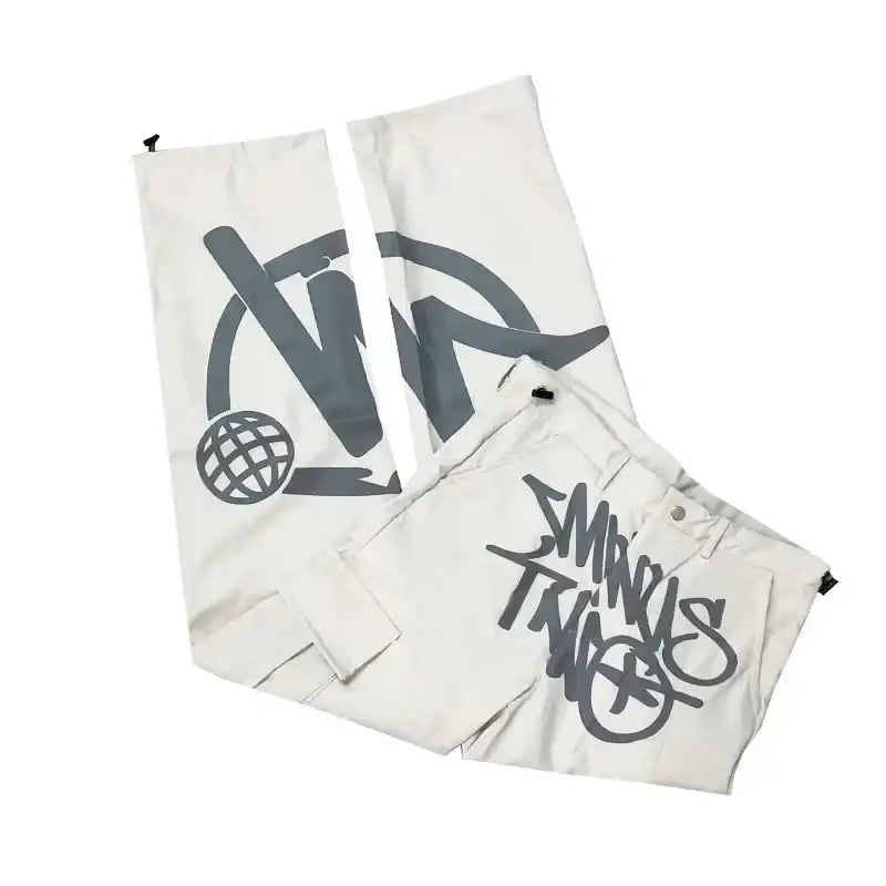 White Graphic Pants featuring graffiti-style logos for trendy womens Y2K clothing