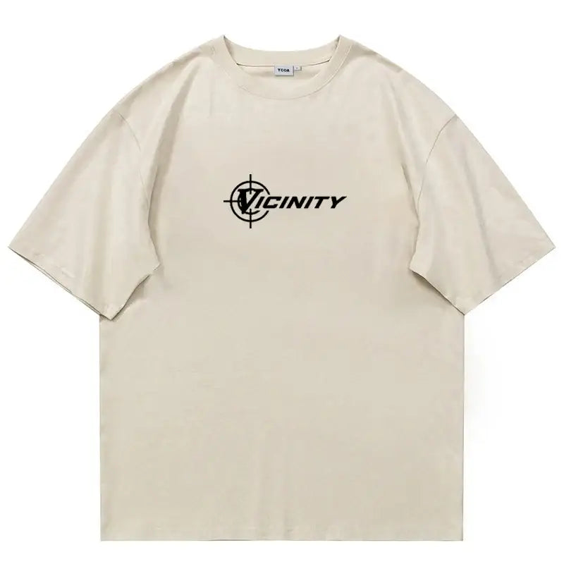 Beige Graphic T Shirt featuring Vicinity logo for a trendy Y2K style