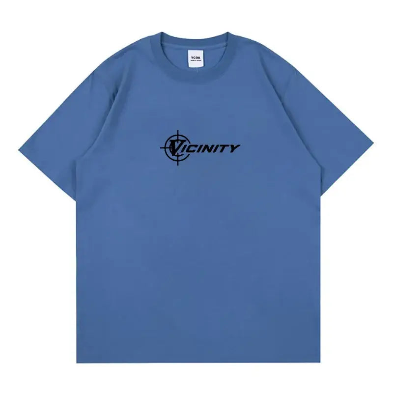 Blue graphic t shirt with black Vicinity logo and compass design for Y2K style