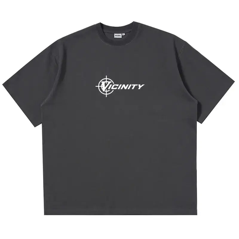 Dark gray graphic t shirt featuring white Vfinity logo on the chest, perfect for Y2K style