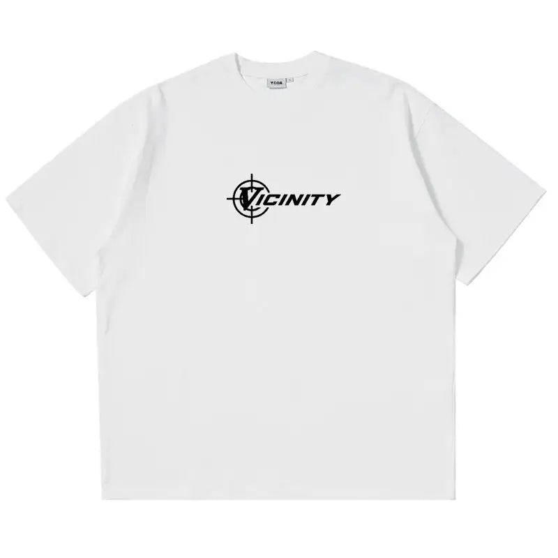 White Y2K graphic t shirt featuring black logo with Vicinity and crosshair design