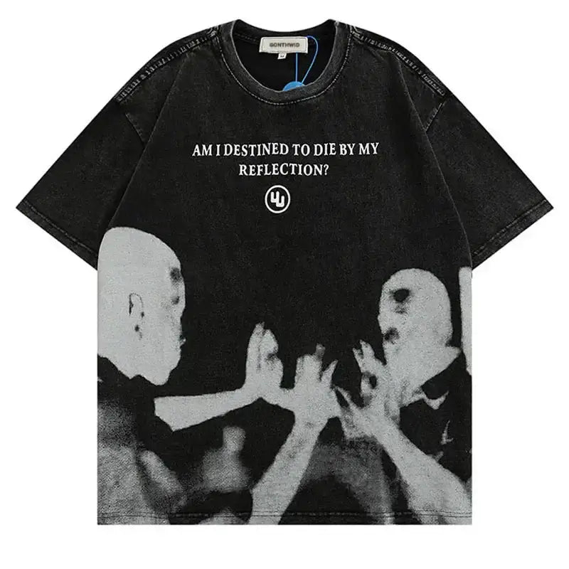 Black Graphic T Shirt Y2K featuring white text and a ghostly image design