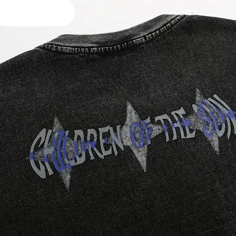 Black sweatshirt with CHILDREN OF THE SUN text, perfect for a Y2K graphic t shirt style