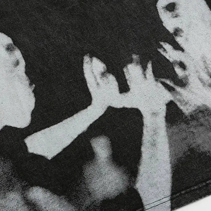 Ghostly hands reaching out on a dark background for Y2K graphic t shirt design