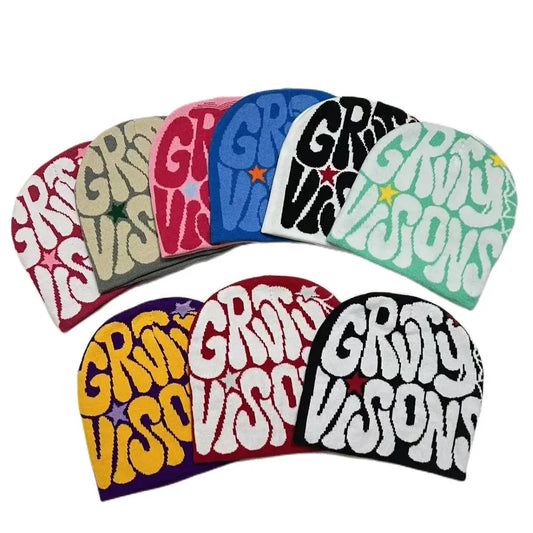 Colorful Gravity Beanie with Groovy Vision text in retro Y2K designs to stay warm