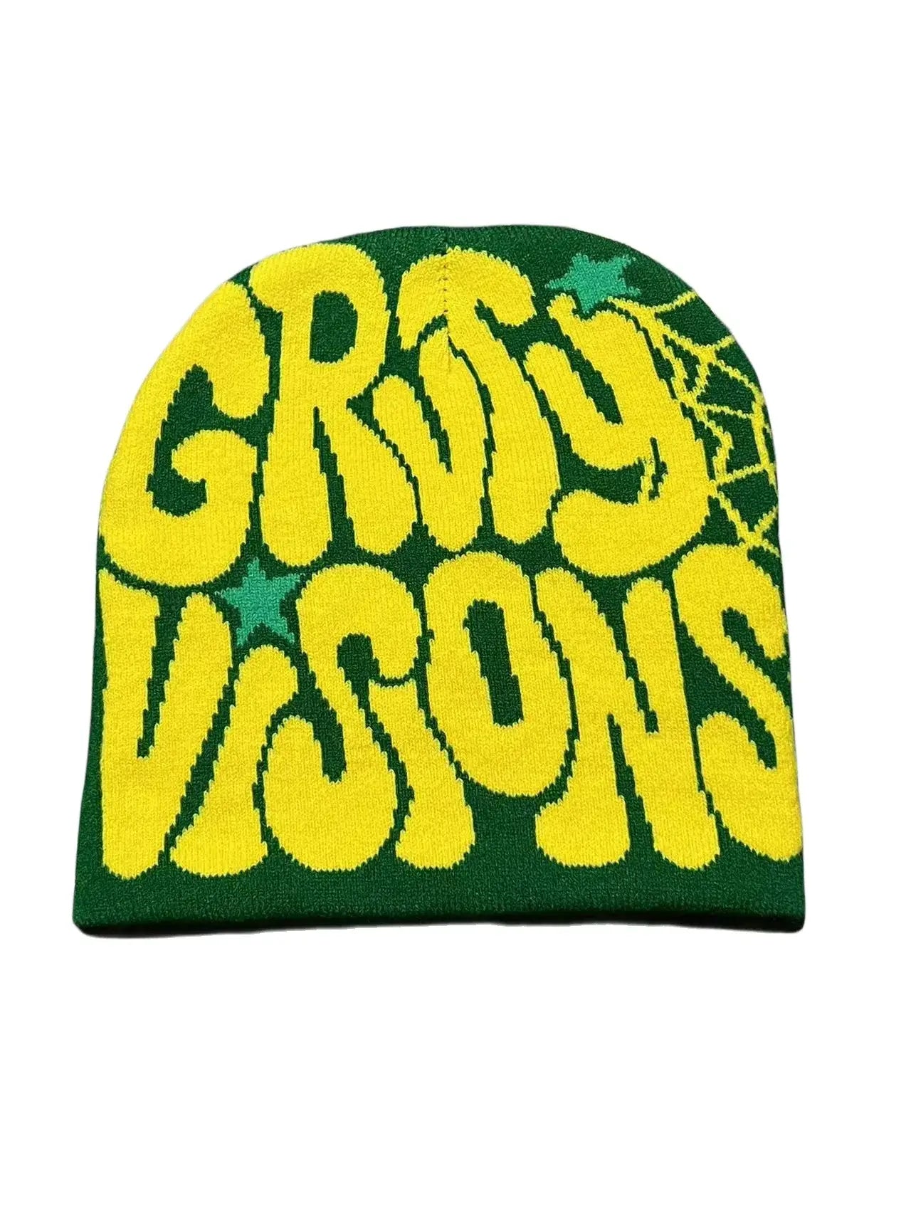 Green and yellow Gravity Beanie featuring GROOVY VISIONS for Y2K style and warmth