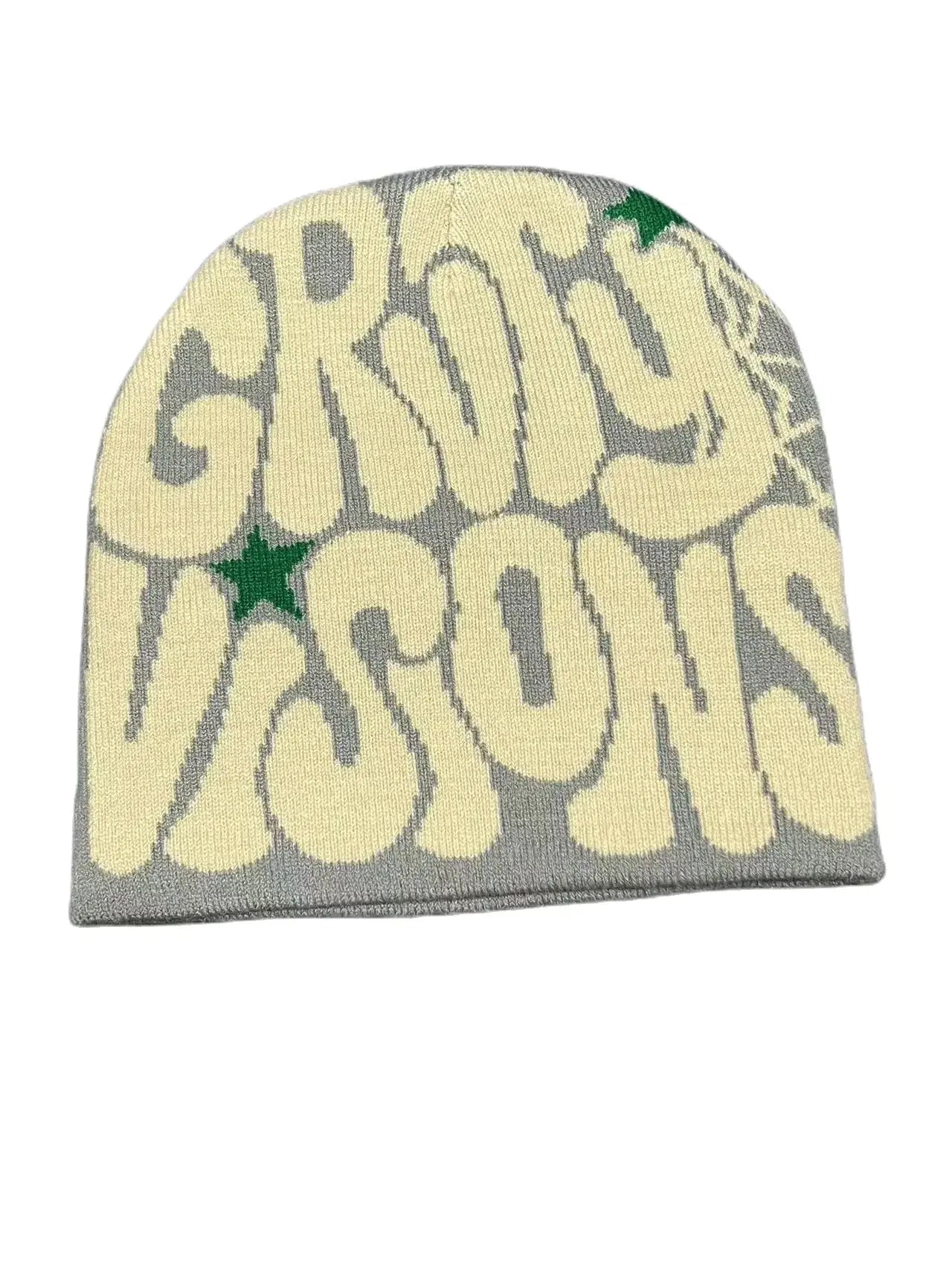 Knit Gravity Beanie featuring Groovy Visions text and star designs to stay warm