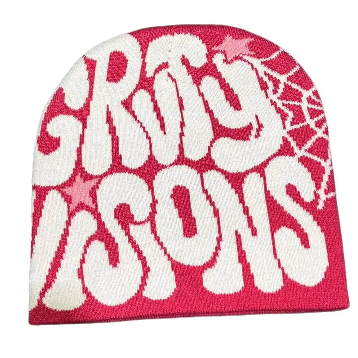 Pink and white knit Gravity Beanie with Grind Visions text design to stay warm