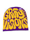 Purple and yellow Gravity Beanie with Groovy Visions text and star designs to stay warm