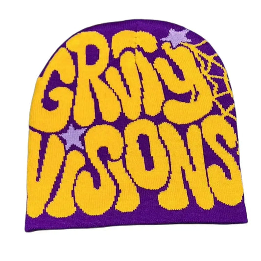 Purple and yellow Gravity Beanie with GROOVY VISIONS text and star designs to stay warm