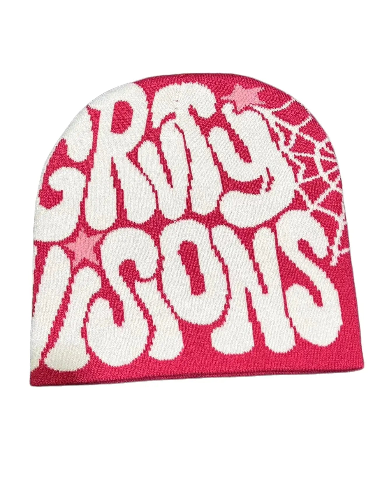 Pink and white Gravity Beanie with Grand Visions text design to stay warm in Y2K style