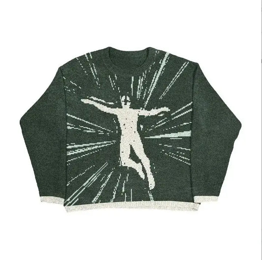 Dark green knit sweater featuring a white silhouette with radiating lines design