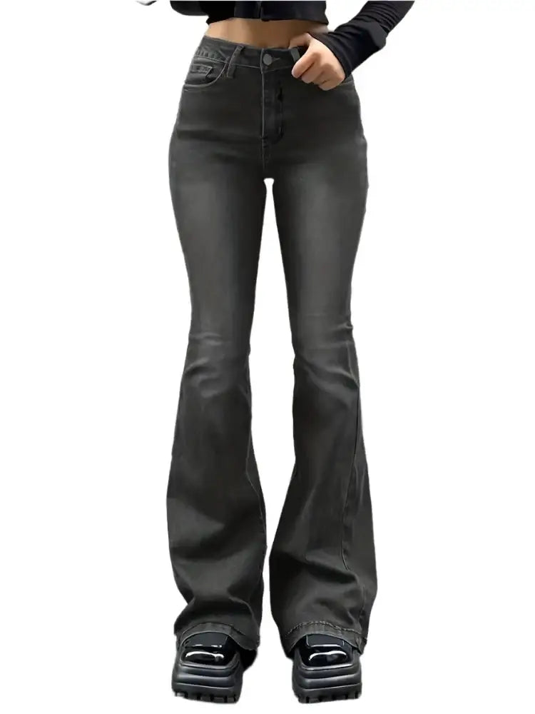 Dark gray flare jeans with a high waist, perfect for stylish outfits and comfort