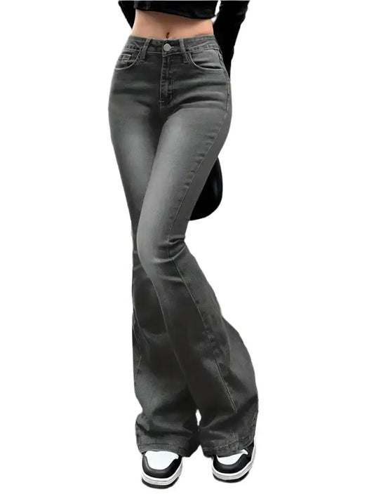 Gray flare jeans with a high waist for a stylish and modern look