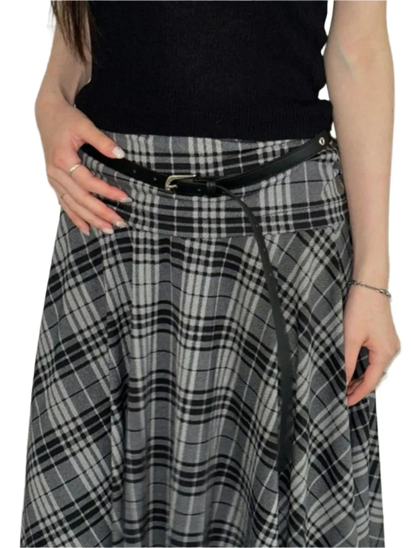 Grey midi skirt featuring a stylish plaid design and a black waist belt