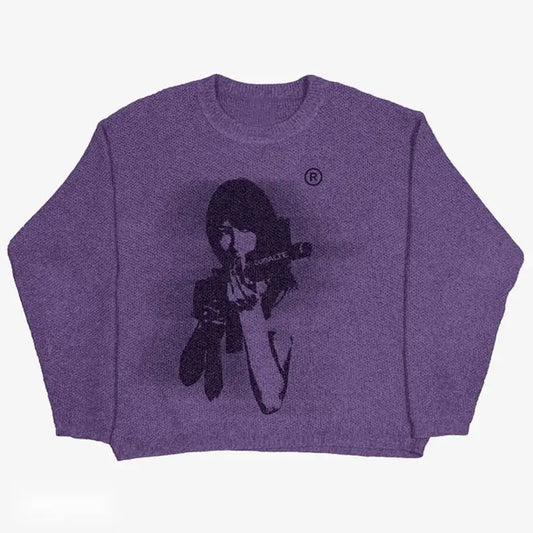 Purple Gun Sweater with dark silhouette of person holding a camera, perfect for Y2K fashion