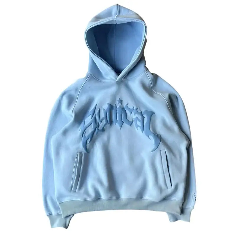 Light blue Harajuku Hoodie featuring raised lettering, perfect for womens Y2K clothing