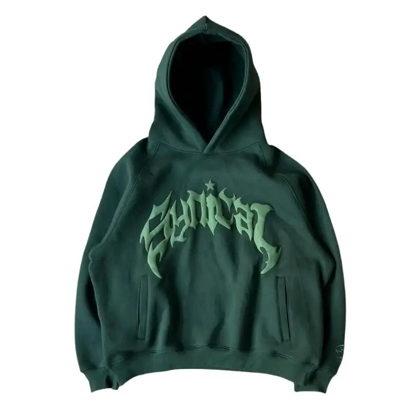 Dark green Harajuku Hoodie featuring stylized text design, perfect for womens Y2K clothing