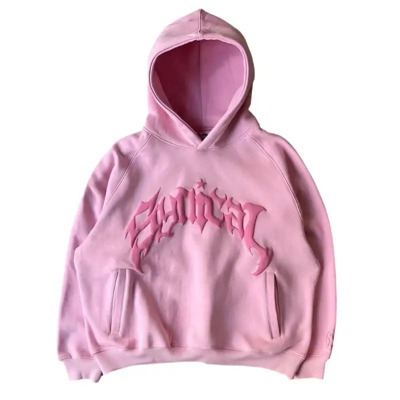 Pink Harajuku Hoodie featuring embroidered text, perfect for womens Y2K clothing style