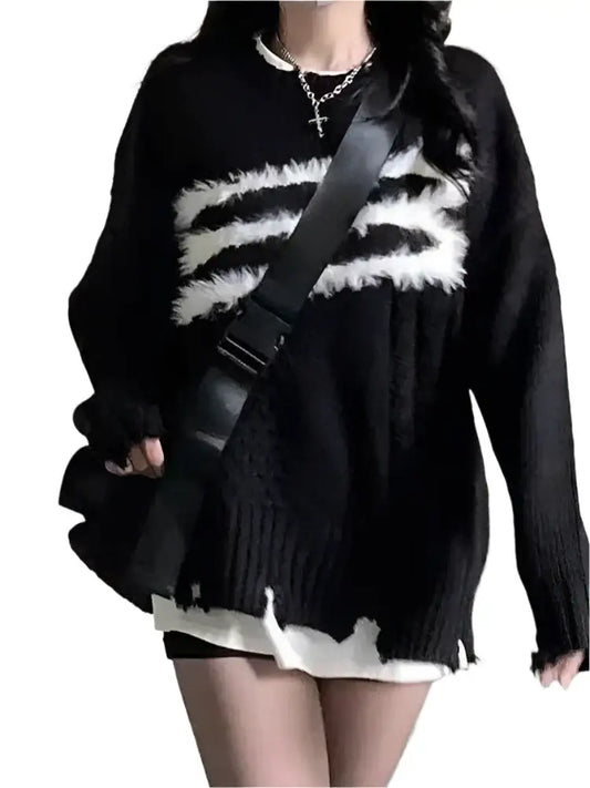 Trendy Harajuku sweater featuring black and white stripes with a distressed hem