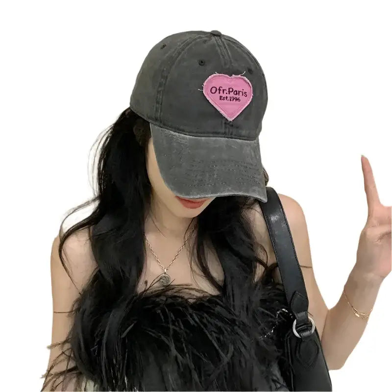 Gray Heart Cap with pink heart patch saying Off Limits for Girls, a trendy Y2K accessory