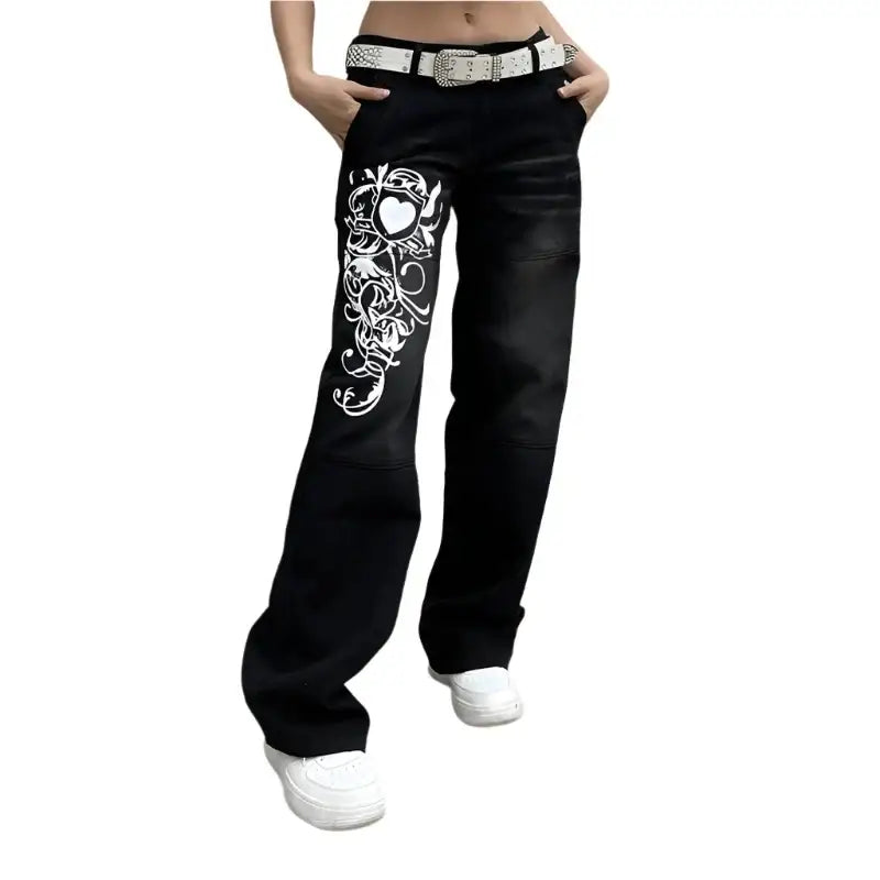 Black wide-leg Heart Jeans with white skull design and decorative belt for Y2K style