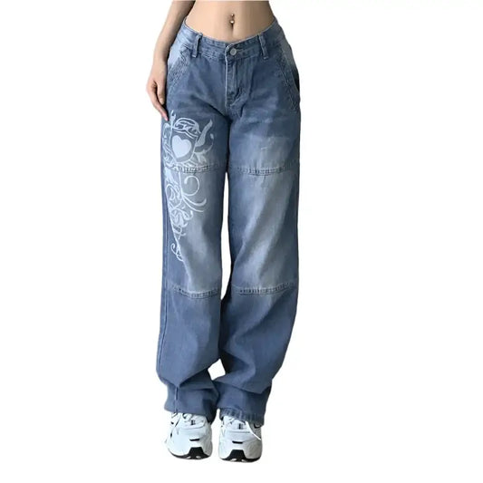 Wide-leg blue Heart Jeans with floral embroidery, perfect for Y2K womens clothing