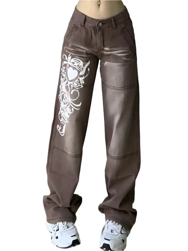 Brown cargo pants with white floral design, perfect for Heart Jeans and Y2K style