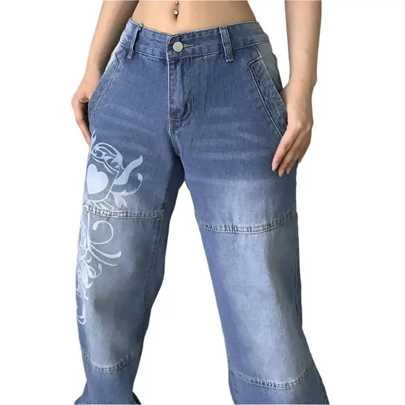 Light blue Heart Jeans featuring a unique skull design for trendy Y2K style