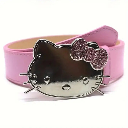 Pink leather Hello Kitty belt with sparkly bow metallic buckle, perfect for Y2K style