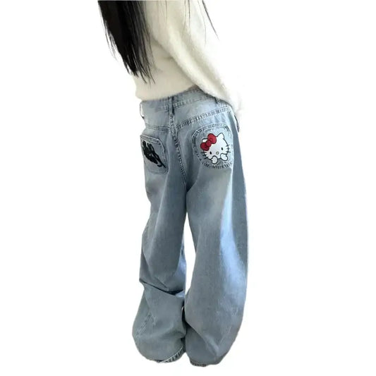 Light blue Kitty Jeans Y2K with cartoon character patch on back pocket