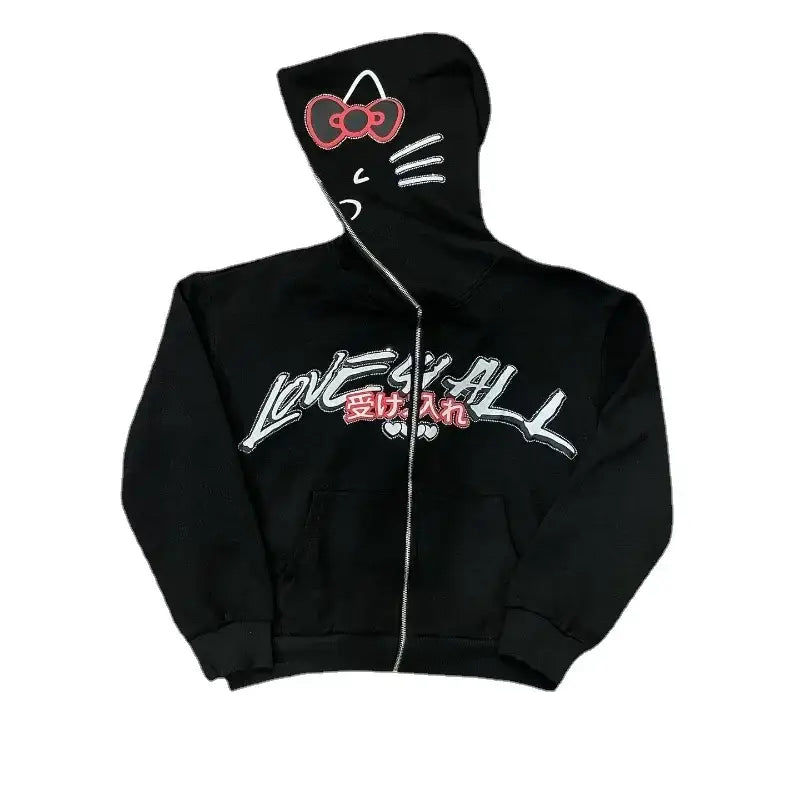 Black Y2K hoodie featuring Hello Kitty design with LOVE KILL text for a stylish look