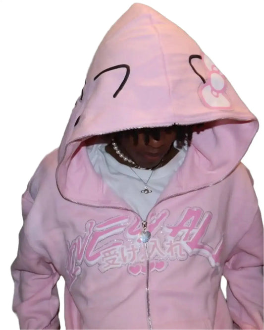 Pink Hoodie Y2K with embroidered design and zipper, perfect for Hello Kitty fans