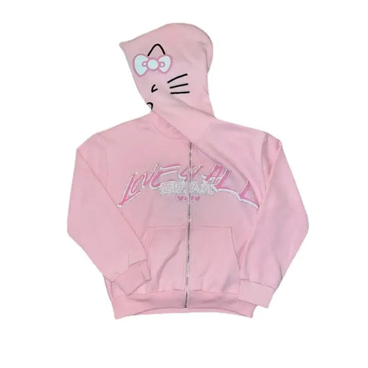 Pink Y2K Hello Kitty zip hoodie with cute cat ears and whiskers on the hood