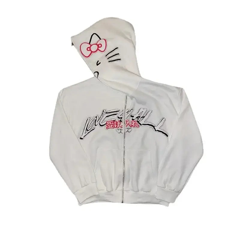 White Hello Kitty Zip Up Hoodie Y2K featuring cat face details and logo