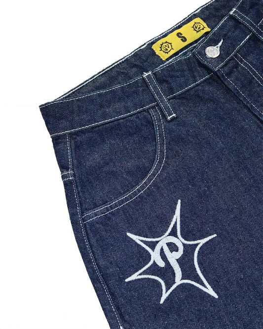 Dark blue denim Hip Hop Shorts with white star logo on pocket