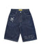 Dark blue denim hip hop shorts with star design and D.B.Y. embroidery