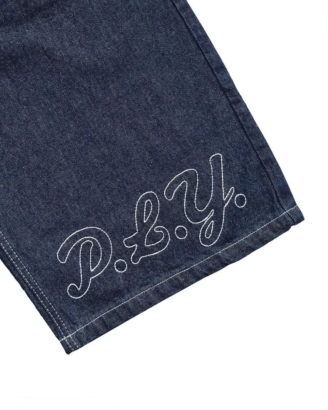 Dark denim fabric with P.L.Y. embroidery featuring stylish Hip Hop Shorts design