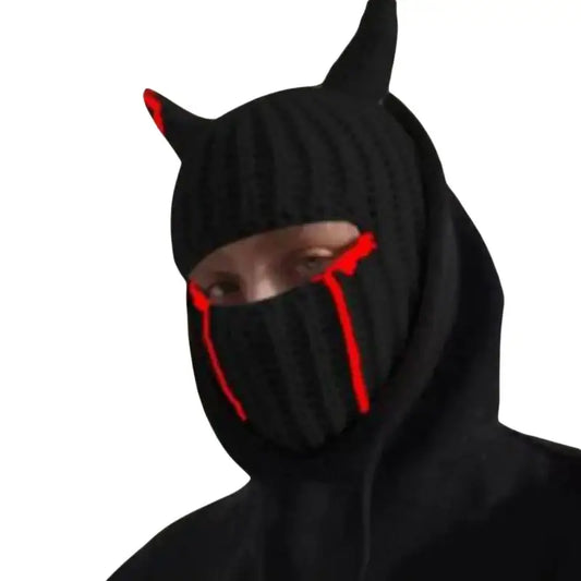 Black hooded mask with pointed ears and red eye slits for Y2K Horn Hat style