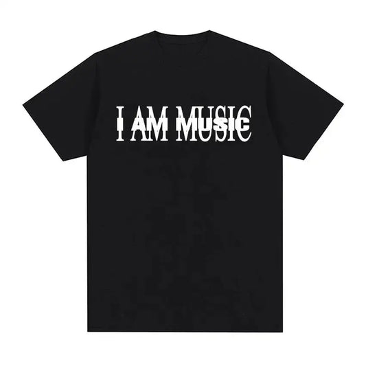 Black I Am Music T Shirt with white text, perfect for Y2K fashion enthusiasts