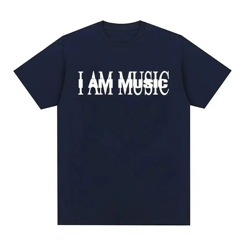 Navy blue I Am Music T Shirt showcasing Y2K fashion with bold white text