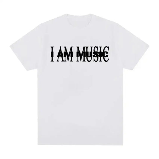 White music t shirt featuring black text reading I AM MUSIC, perfect for Y2K fashion lovers